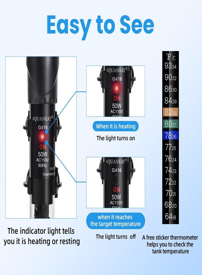 AQUANEAT سخان حوض السمك من أكوانيت، سخان حوض سمك بقوة 50 واط، ترموستات مياه غاطس قابل للتعديل مع ميزان حرارة - Image 4